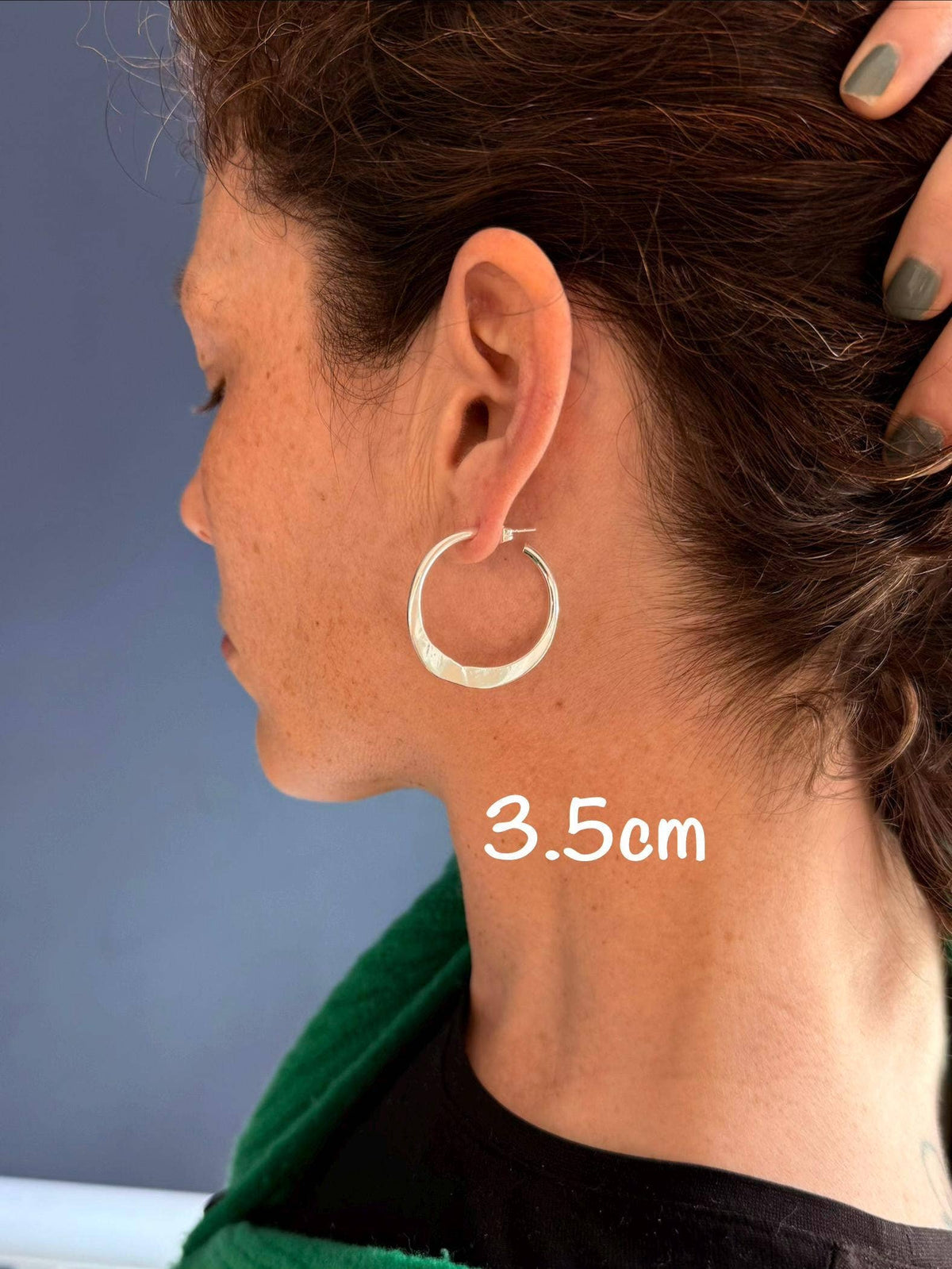 Hammered Flat Silver Hoop Earrings Butterfly Back, Irregular Silver Hoops, Ethnic Jewellery, Everyday Silver Earrings