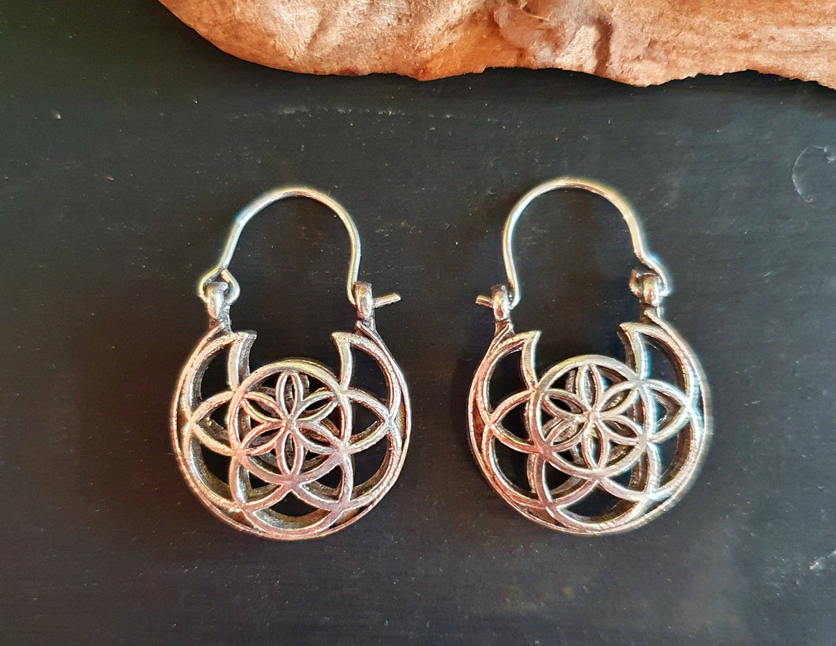 Boho Seed of Life Silver Earrings; Ethnic, Geometric,  Small, Rustic, Yoga, Hippie, Gypsy, Pretty, Ssy, Boho, Bohemian, Festival