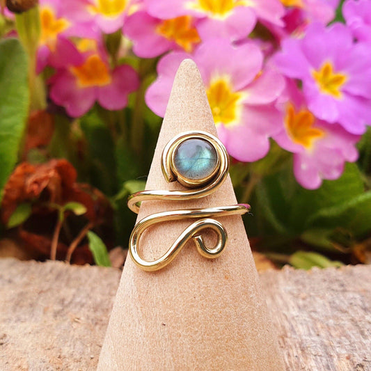 Boho Labradorite Ring, Adjustable Brass Ring, Chakra Stone, Bohemian Look
