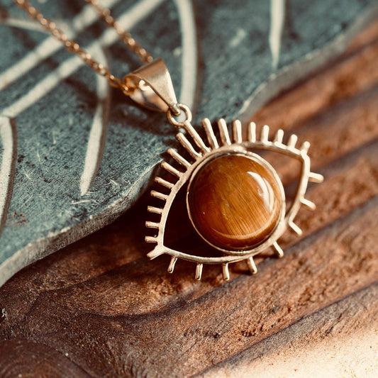 Chunky Tiger's Eye Brass Pendant Necklace, Stainless Steel Chain, Bohemian Jewellery for Women