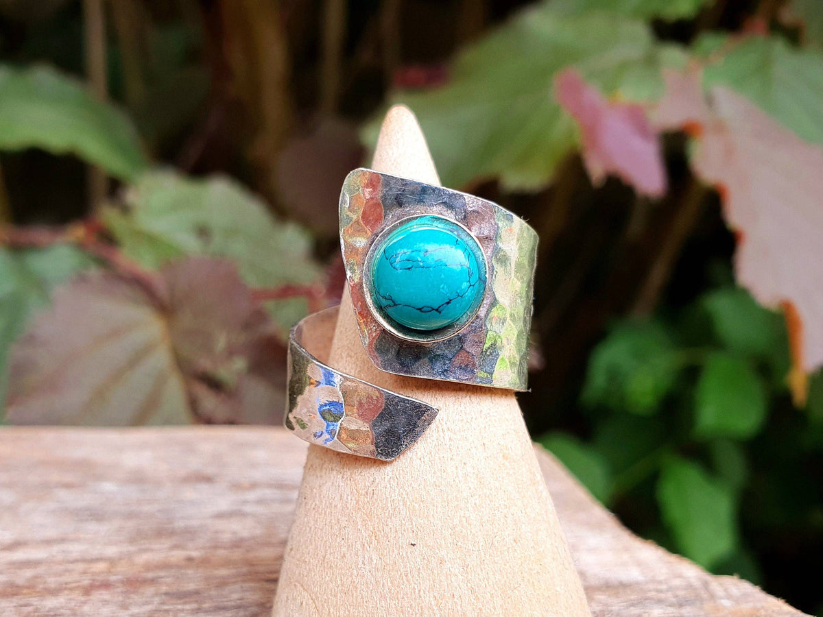 Hammered Silver Ring Turquoise, Boho Adjustable Turquoise Ring