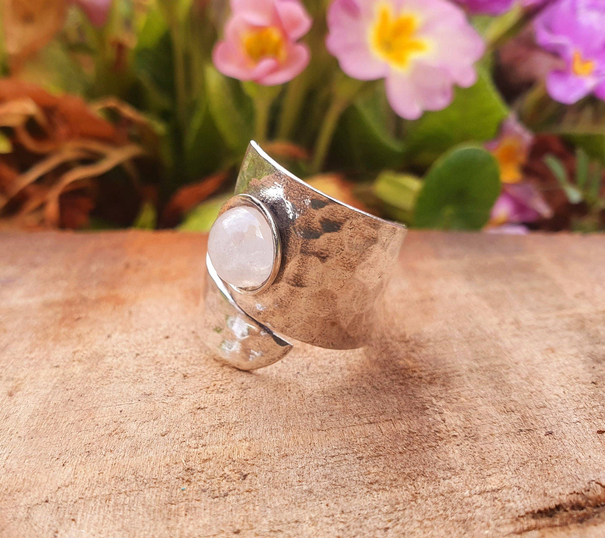 Hammered Silver Moonstone Ring, Adjustable Boho Ring for Women