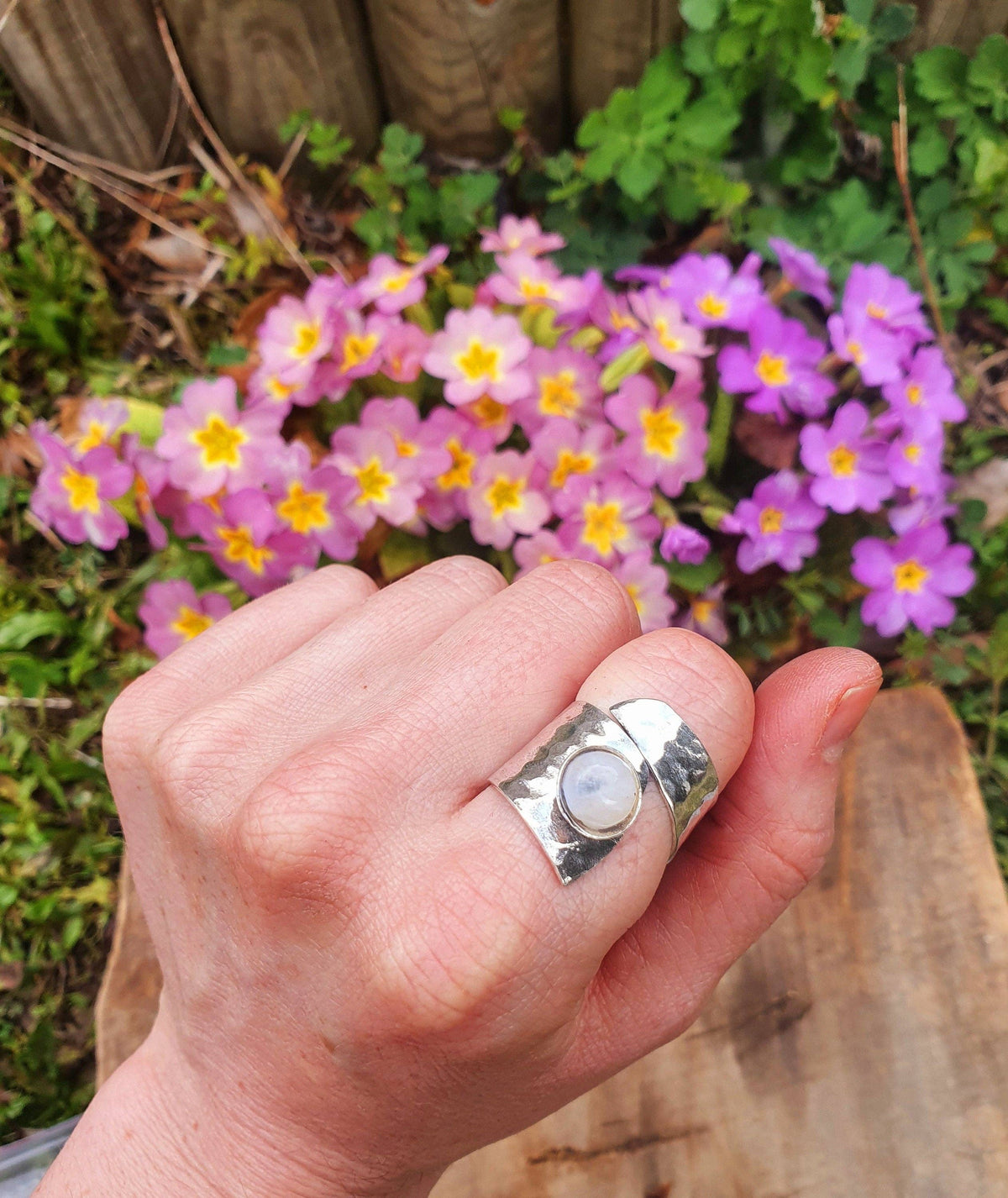 Hammered Silver Moonstone Ring, Adjustable Boho Ring for Women