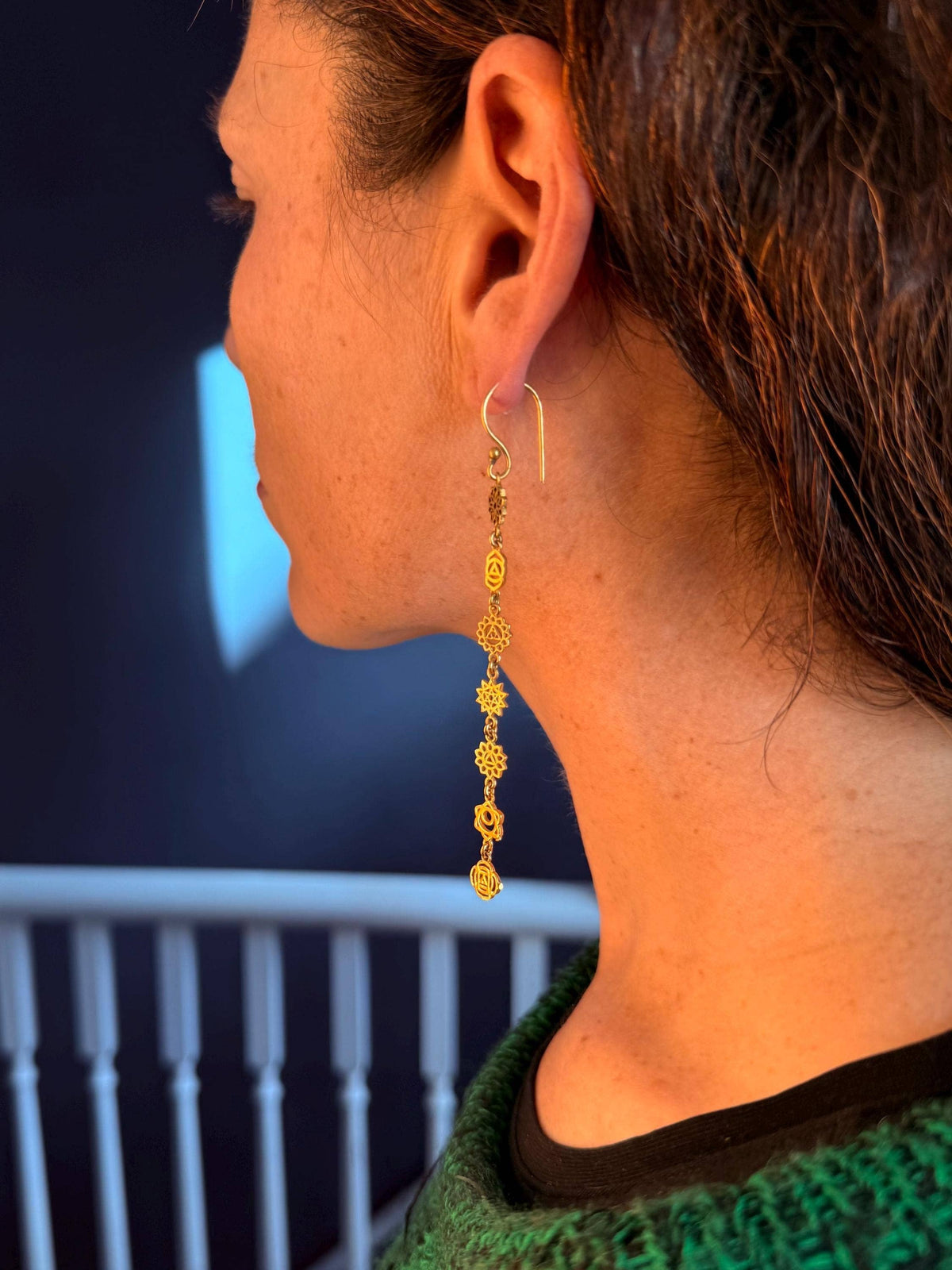 Long Pendant Brass Chakra Earrings, Boho Jewellery