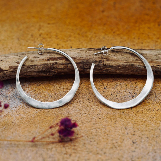 Hammered Flat Silver Hoop Earrings Butterfly Back, Irregular Silver Hoops, Ethnic Jewellery, Everyday Silver Earrings