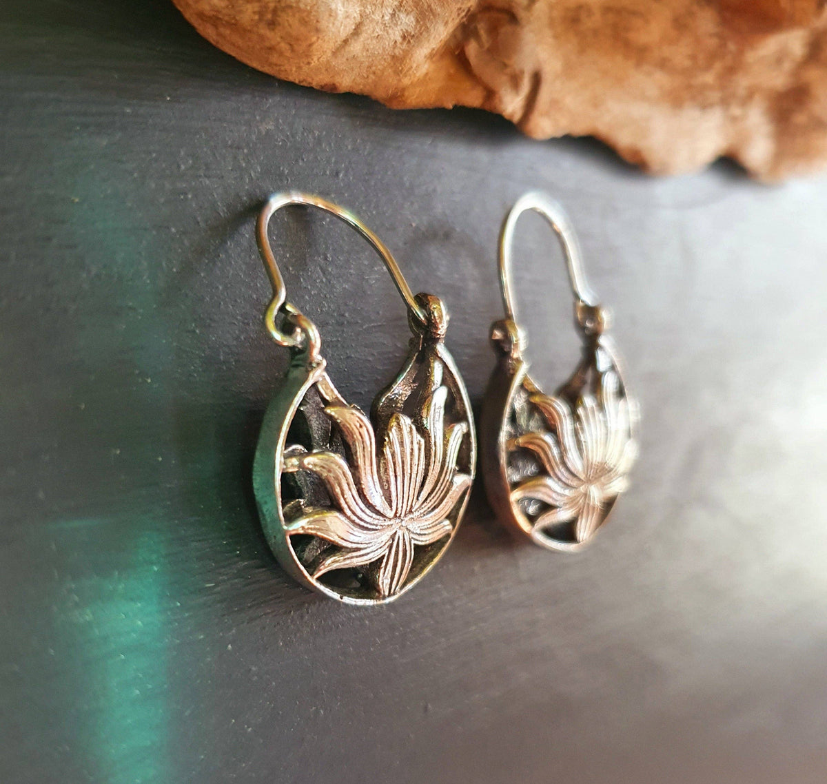 Boho Lotus Flower Silver Earrings; Ethnic, Geometric,  Small, Rustic, Yoga, Hippie, Gypsy, Pretty, Ssy, Boho, Bohemian, Festival