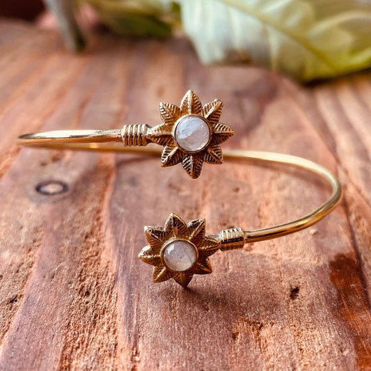 Moonstone Flower Boho Brass Bracelet /  Adjustable / Gold Bangle / Ethnic / Rustic / Bohemian / Hippie / Gypsy / Psy / Bohemian Jewelery