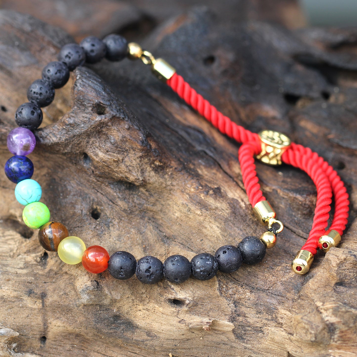 18K Gold Plated Gemstone Red Cord Bracelet - Lava Stone Chakra