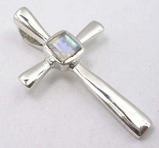 Rainbow Moonstone Sterling Silver Cross Pendant