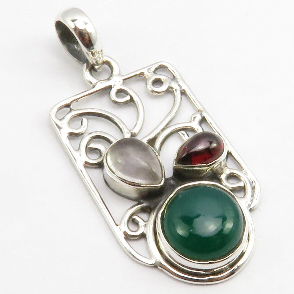 Green Onyx, Rose Quartz & Garnet Sterling Silver Pendant