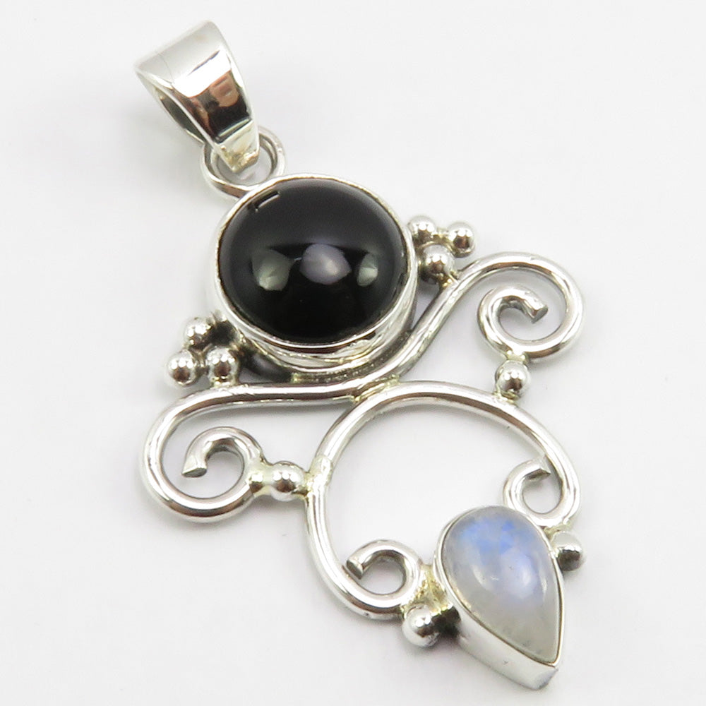 Black Onyx & Moonstone Sterling Silver Embellished Pendant
