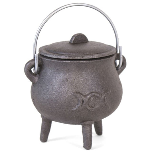 Small Cast Iron Cauldron With Triple Moon Design.