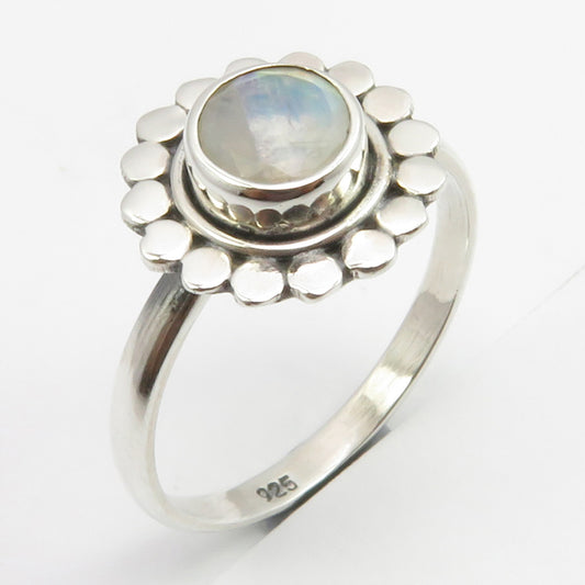 Rainbow Moonstone Sterling Silver Flower Ring