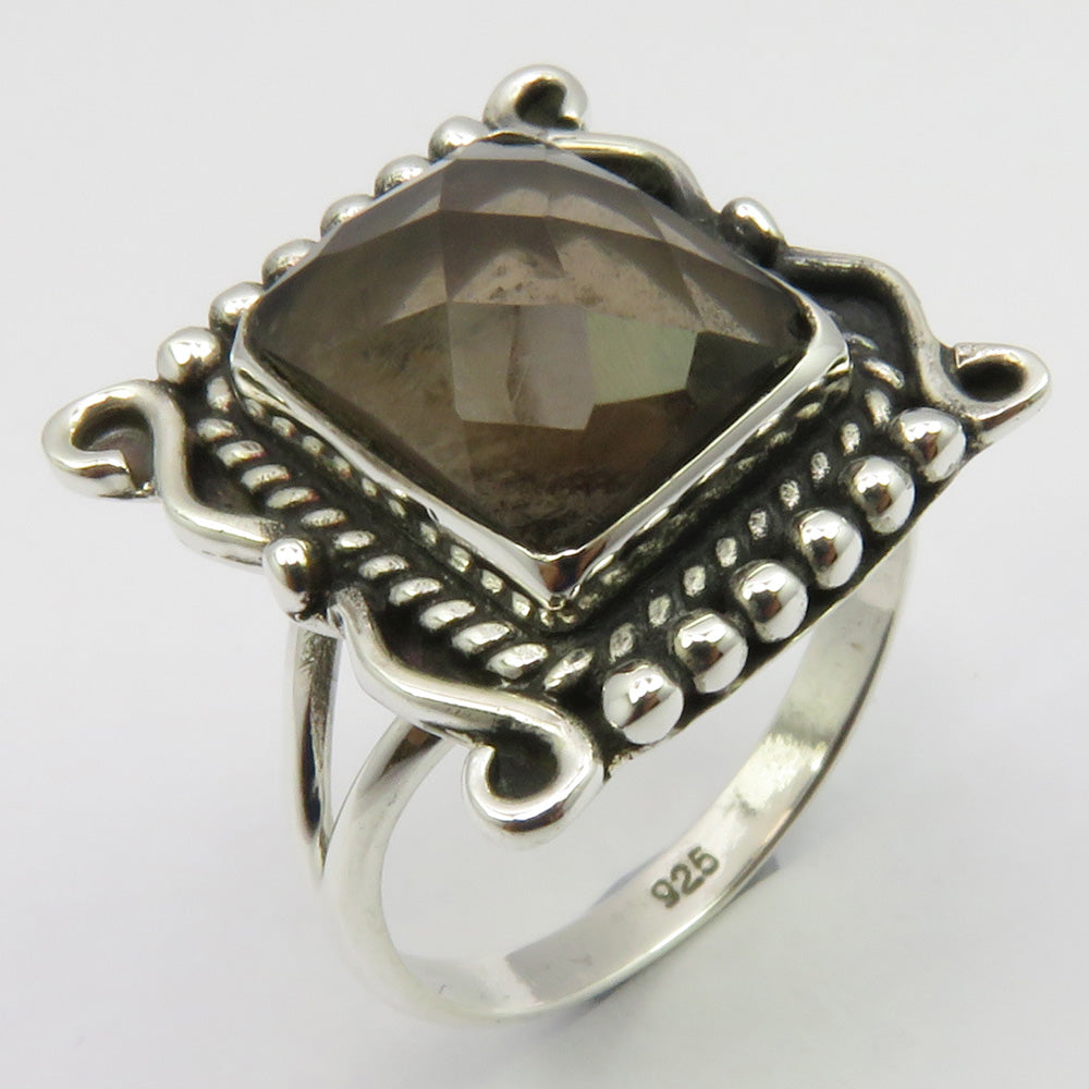 Smoky Quartz Sterling Silver Embellished Cut Ring