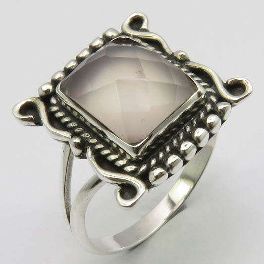 Rose Quartz Sterling Silver Embellished Cut Rectangle Ring