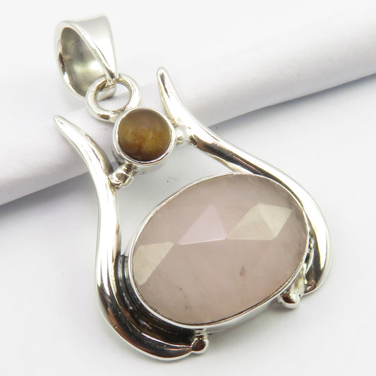 Rose Quartz & Tiger Eye Sterling Silver Pendant