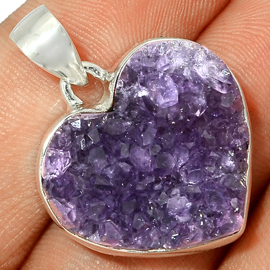Sterling Silver Amethyst Druzy Heart Pendant
