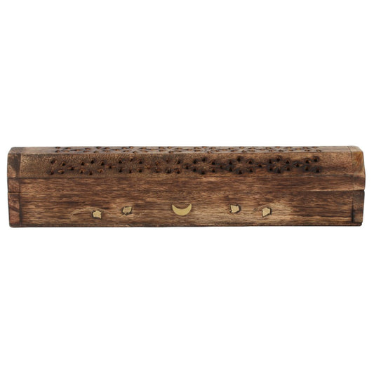 Mango Wood Incense Holder/Box With Brass Moon Inlay
