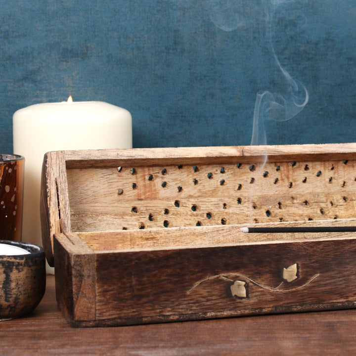 Mango Wood Incense Holder/Box With Brass Pentagram Inlay