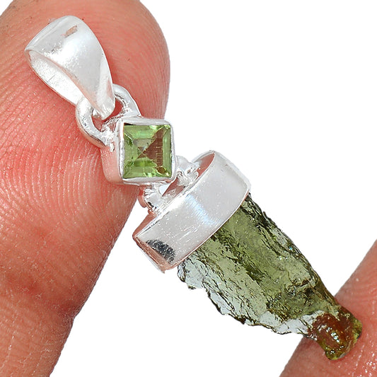 Sterling Silver Moldavite & Peridot Pendant