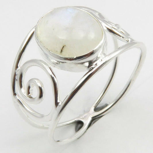 Rainbow Moonstone Sterling Silver Embellished Spiral Ring