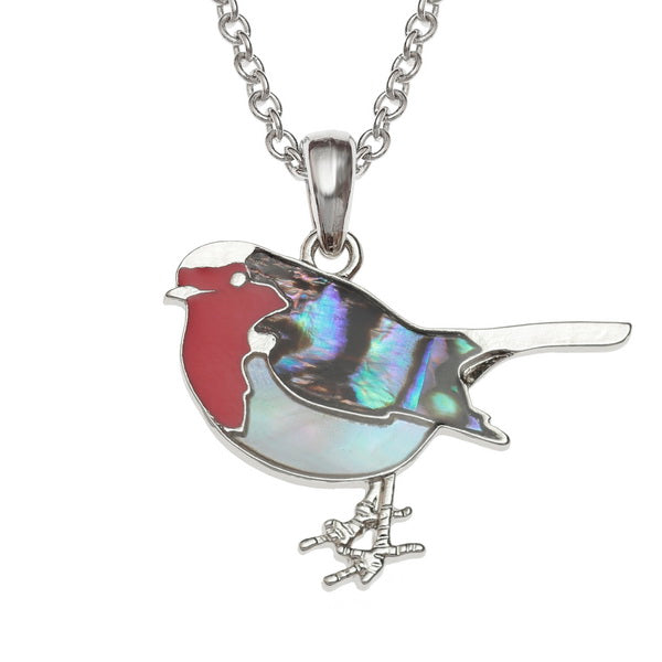 Mother of Pearl, Paua Shell and Red Epoxy Robin Pendant