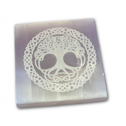 Large Selenite Engraved Tree of Life Square Charging Plate